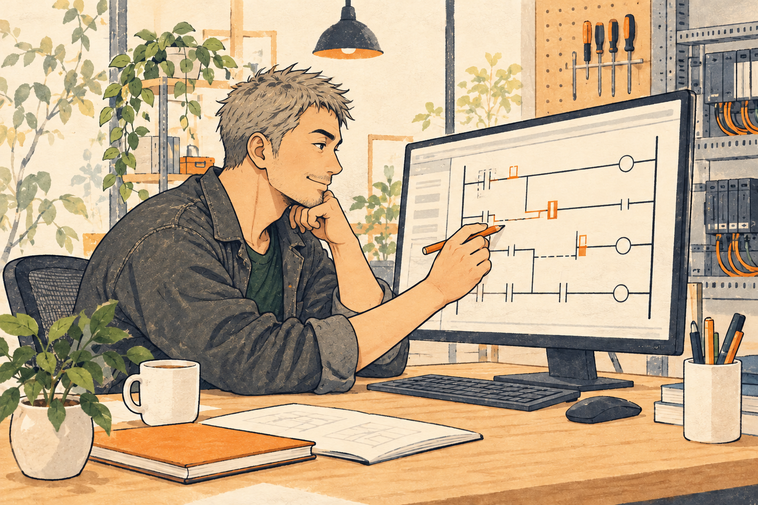 デスクで制御プログラムを考えるエンジニアのイラスト