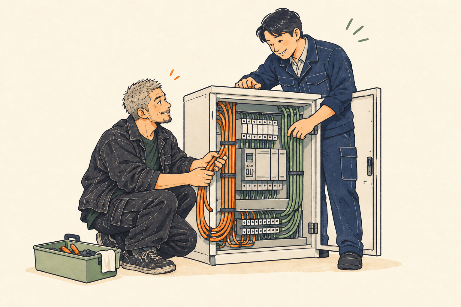 制御盤の配線を一緒に確かめるエンジニアたちのイラスト